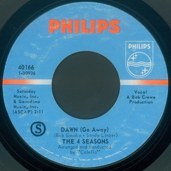 The 4 Seasons ‎– Dawn (Go Away) / No Surfin' Today VG+ 7" Single 45 Record 1964 USA - Surf Rock / Pop - Shuga Records