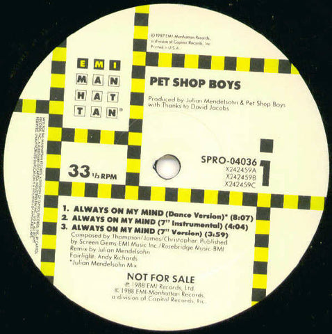 Pet Shop Boys - Always On My Mind Mint- - 12" Single 1988 EMI-Manhattan USA Promo - Synth-Pop
