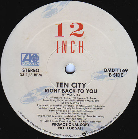 Ten City (Marshall Jefferson Prod)‎ – Right Back To You - Mint- 12" Single USA 1988 Promo - Chicago House