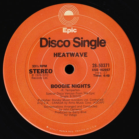 Heatwave ‎– Boogie Nights - VG+ 12" Single Record 1976 Epic USA Vinyl - Disco / Funk