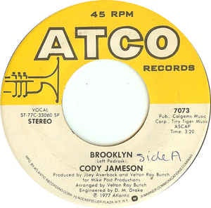 Cody Jameson-Brooklyn / The Little Bit Of Us- VG+ 7" Single 45RPM- 1977 ATCO Records USA- Rock/Pop