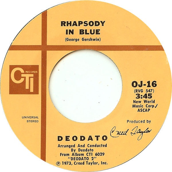 Deodato ‎- Rhapsody In Blue / Super Strut - VG+ 7" Single 45 RPM 1973 USA - Jazz-Funk