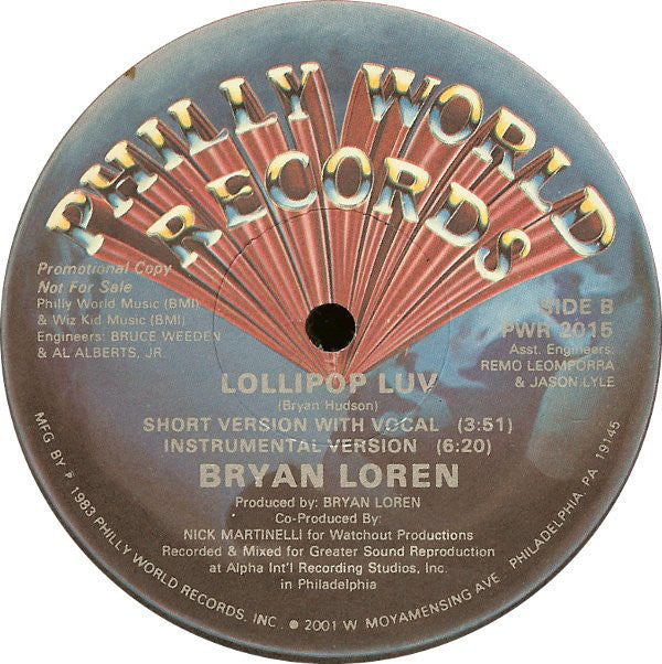 Bryan Loren - Lollipop Luv VG+ - 12" Single Philly World USA - Disco