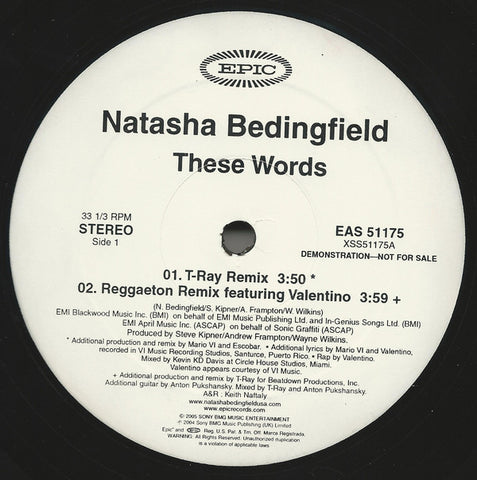 Natasha Bedingfield - These Words (Remixes) VG+ - 12" Single 2005 Epic USA - Hip Hop