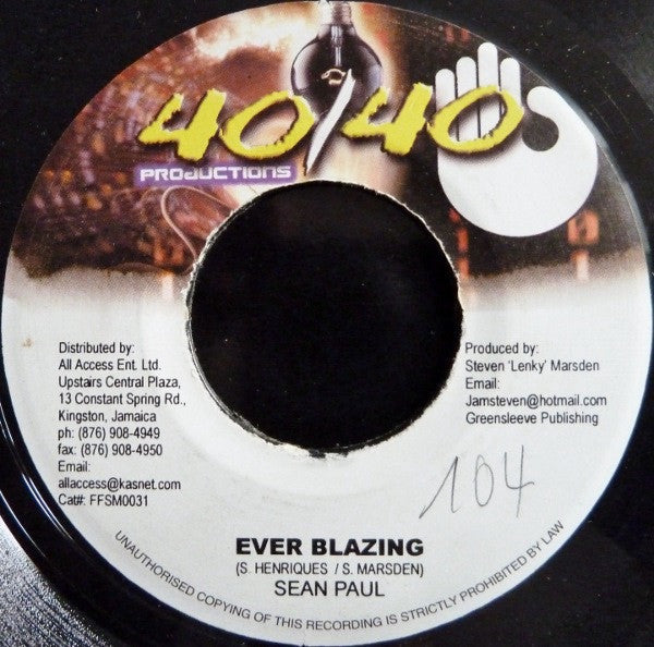 Sean Paul ‎– Ever Blazing - VG+ 45rpm 2002 Jamaica - Reggae / Dancehall - Shuga Records