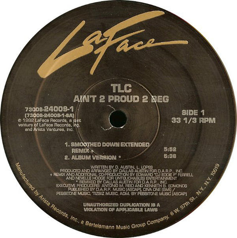 TLC ‎– Ain't 2 Proud 2 Beg - VG+ 12" Single USA 1992 - New Jack Swing