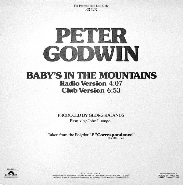 Peter Godwin ‎– Baby's In The Mountains - Mint 12" Promo Single 1983 Polydor USA - Synth-pop / Disco / Electronic