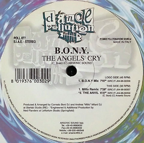 B.O.N.Y. - The Angels' Cry - VG+ 12" Single 1998 Dance Pollution Italy - Trance
