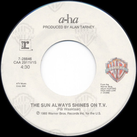 a-ha ‎– The Sun Always Shines On T.V. / Driftwood VG 7" Single 1985 Warner Bros - Synth-Pop