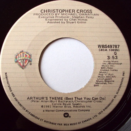 Christopher Cross ‎- Arthur's Theme (Best That You Can Do) - Mint- 7" Single 45 RPM 1981 USA - Rock