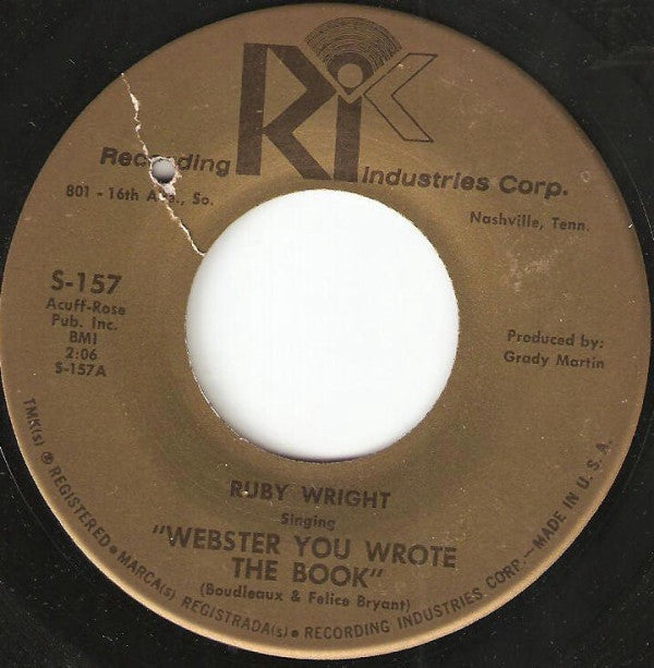 Ruby Wright - Webster You Wrote The Book / Up The Path (And In My Door) - VG 7" Single 45RPM 1965 Recording Industries Corp. USA - Pop - Shuga Records