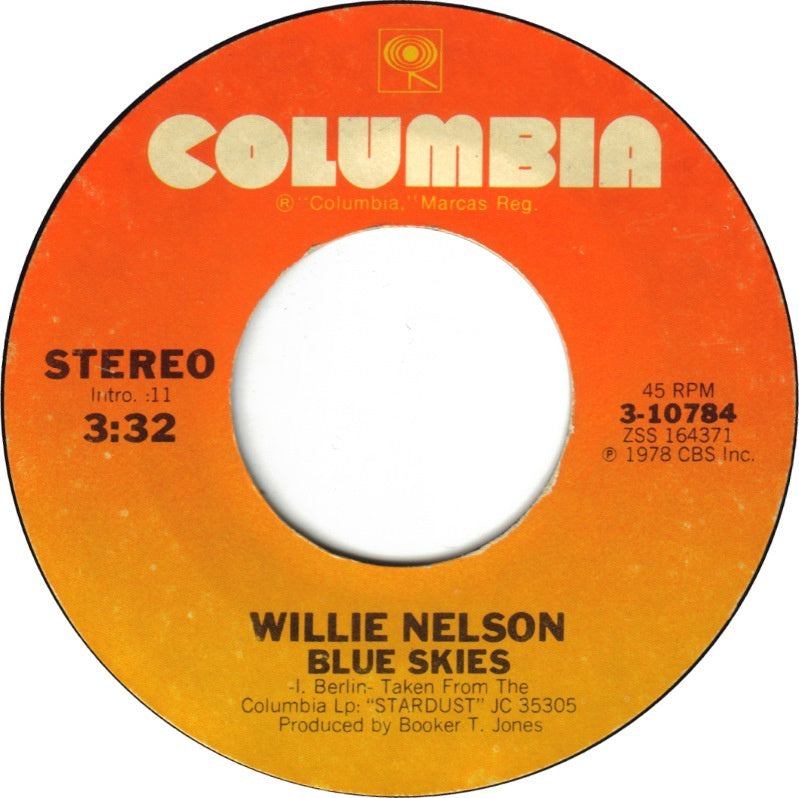 Willie Nelson ‎– Blue Skies / Moonlight In Vermont VG 7" Single - 1978 Columbia Stereo 45rpm - Country - Shuga Records