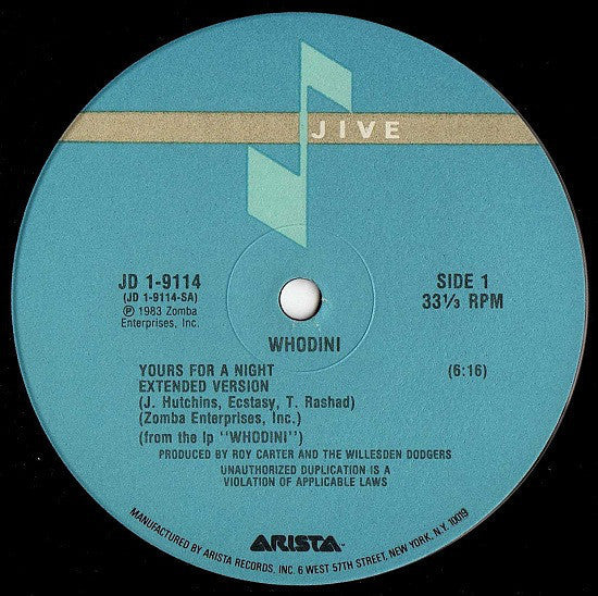 Whodini - Yours For A Night VG+ - 12" Single 1983 Jive USA - Hip Hop