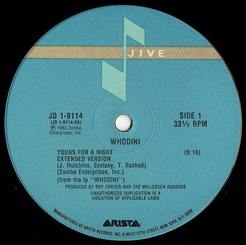 Whodini - Yours For A Night VG+ - 12" Single 1983 Jive USA - Hip Hop