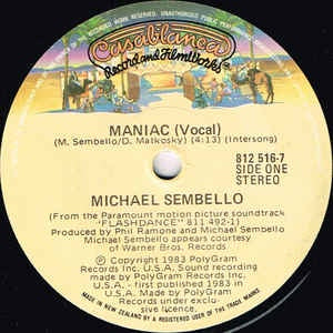 Michael Sembello - Maniac - VG+ 7" Single 45RPM 1983 Casablanca USA- Electronic / Hi NRG