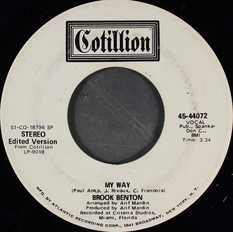 Brook Benton ‎– My Way - VG+ 7" Promo Single 45rpm 1970 Cotillion USA - Soul / R&B