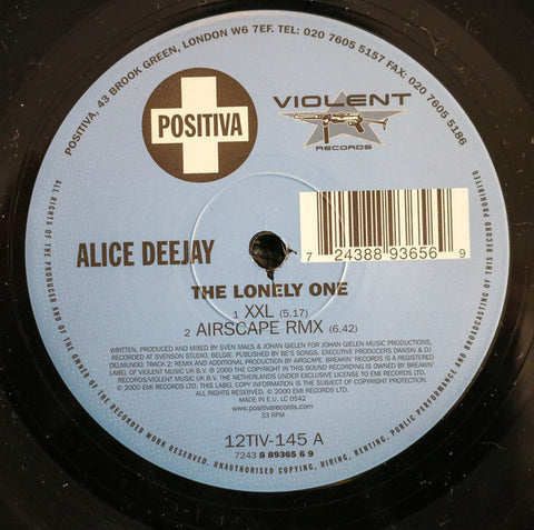 Alice Deejay - The Lonely One VG+ - 12" Single 2000 Positiva UK - Trance