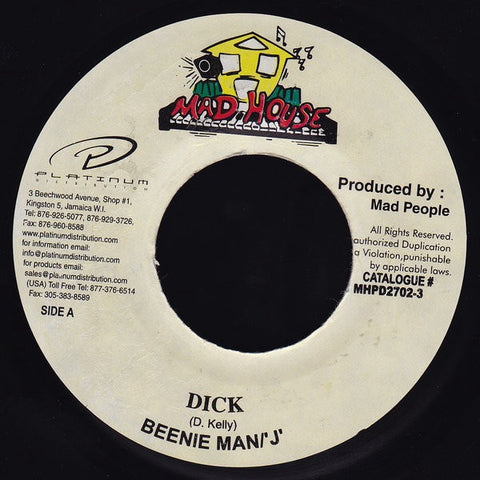 Beenie Man / 'J' - Dick - VG+ 7" Single 45RPM 2003 Mad House Jamaican Import - Reggae