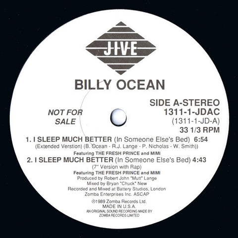Billy Ocean - I Sleep Much Better (In Someone Else's Bed) VG+ - 12" Single 1989 Jive USA Promo- Synth-Pop