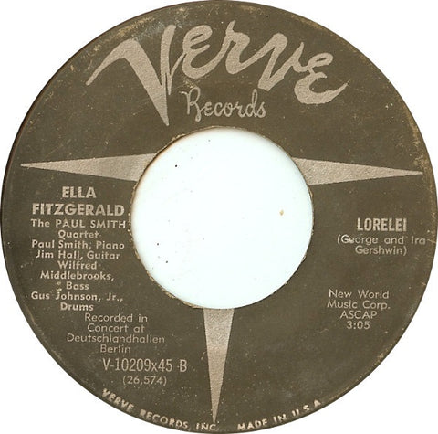 Ella Fitzgerald & The Paul Smith Quartet ‎– Mack The Knife / Lorelei - VG+ 45rpm 1960 Verve Records USA - Jazz