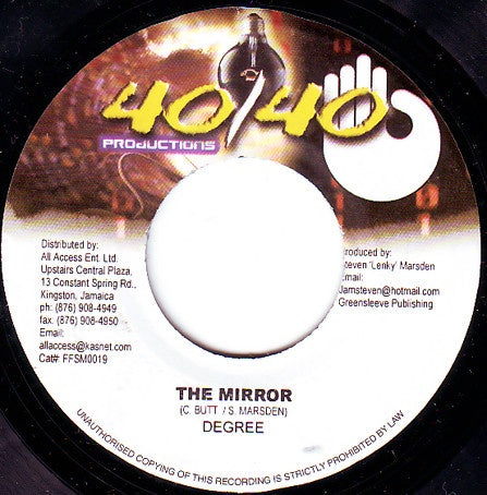 Degree ‎– The Mirror / Masterpiece Riddim - VG+ 7" Single 45 rpm 2002 40/40 Productions Jamaica - Reggae / Dancehall