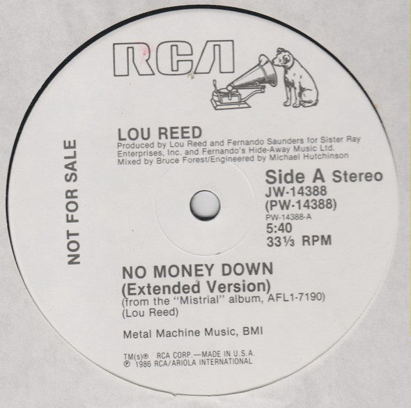 Lou Reed ‎– No Money Down - VG+ 12" Single Record 1986 RCA USA Promo Vinyl - Alternative Rock - Shuga Records