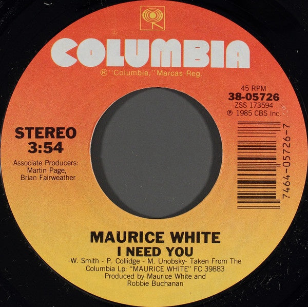 Maurice White ‎– I Need You / Believe In Magic - Mint- 45rpm 1985 USA - Funk / Soul - Shuga Records
