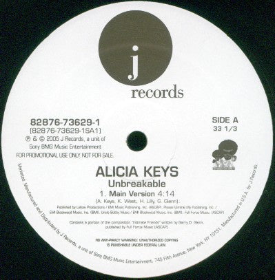 Alicia Keys ‎– Unbreakable - M- 12" Promo Single 2005 J records US - R&B