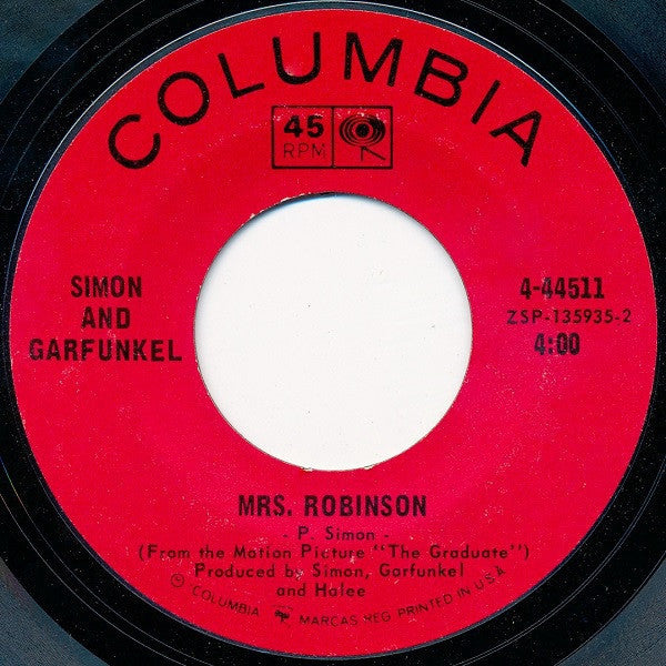 Simon And Garfunkel ‎– Mrs. Robinson / Old Friends / Bookends - VG 45rpm 1968 USA - Folk Rock / Soundtrack - Shuga Records