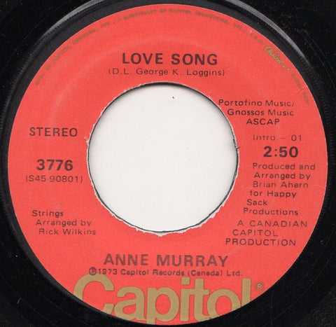 Anne Murray ‎– Love Song / You Can't Go Back MINT- 7" Single 45 rpm 1973 Capitol USA - Soft Rock