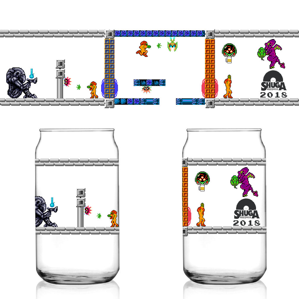 Weed & Beer Metroid Samus NES 8-Bit Shuga Records 16 oz Libbey Can Glass Limited Batch1