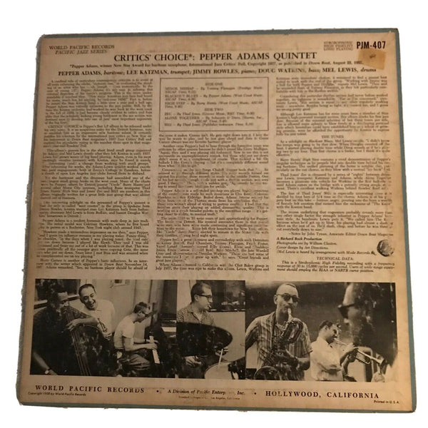 Pepper Adams ‎– Critics' Choice - VG (VG- cover) Lp Record 1958 World Pacific USA Mono Vinyl - Jazz - Shuga Records
