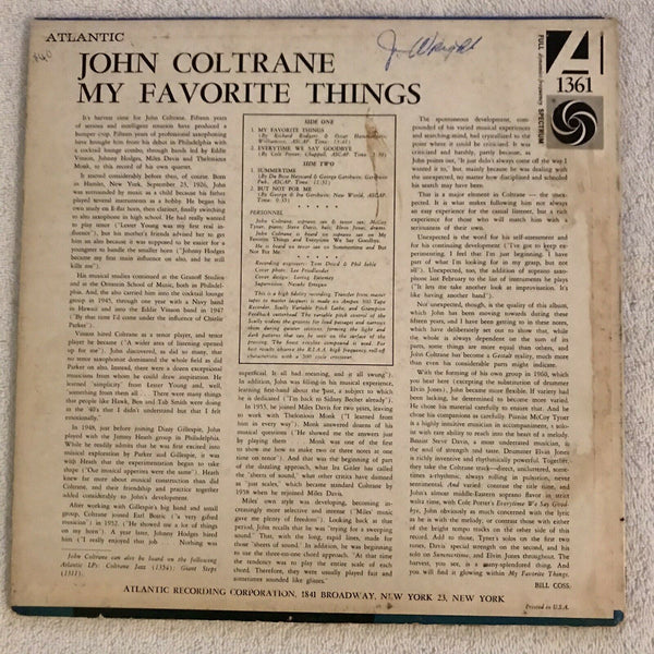 John Coltrane ‎– My Favorite Things - VG Lp Record 1961 Atlantic USA Mono Vinyl - Jazz / Hard Bop / Modal - Shuga Records