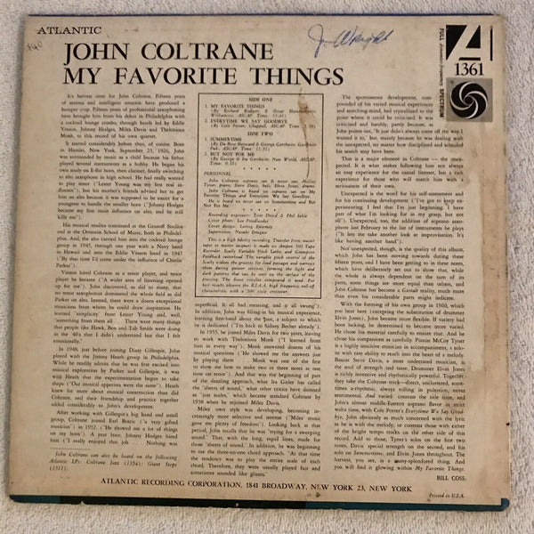 John Coltrane ‎– My Favorite Things - VG Lp Record 1961 Atlantic USA Mono Vinyl - Jazz / Hard Bop / Modal