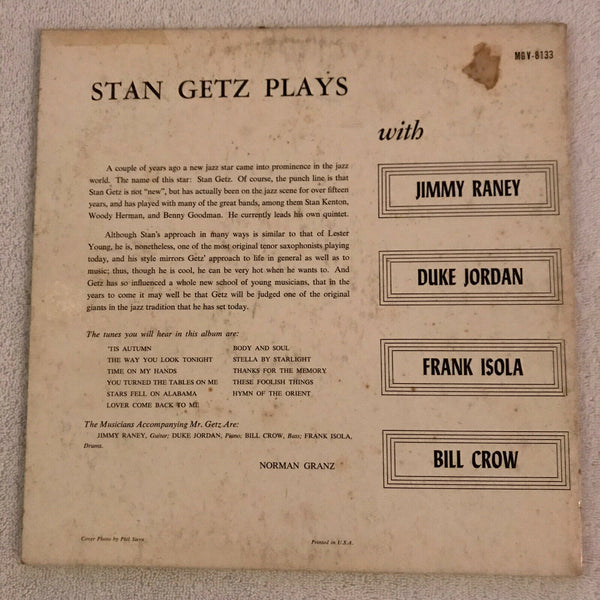 Stan Getz ‎– Stan Getz Plays - VG+ Lp Record 1957 Verve Clef USA Mono Vinyl With  Duke Jordan - Jazz / Bop - Shuga Records