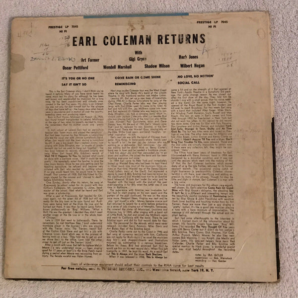 Earl Coleman ‎– Returns - Poor(Low Grade Vinyl) 1956 Prestige USA Mono Original Vinyl - Jazz