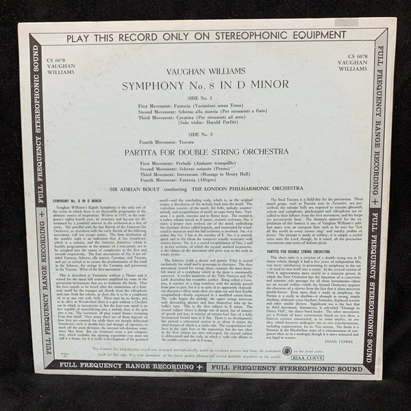 Vaughan Williams, Sir Adrian Boult Conducting The London Philharmonic Orchestra – Symphony No. 8 In D Minor / Partita For Double String Orchestra - Mint- LP Record 1959 London ffss UK Import Vinyl, Blueback Cover - Classical